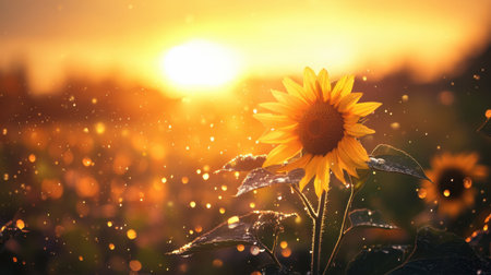 A creative strip of film displays vivid images of nature: sunflowers swaying in the breeze, a dew drop on a leaf, and a stunning sunset, set against a dark, glowing background.の素材