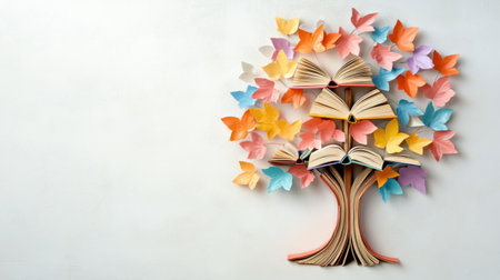 A creative depiction of a tree constructed from books, with leaves represented by vibrant book covers, against a clean white backdrop, celebrating the joy of reading.の素材