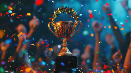 A powerful image of a gold trophy featuring a laurel wreath, surrounded by a stadium of cheering fans and colorful confetti, symbolizing victory and celebrationの素材