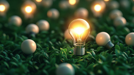 A dynamic image of a single glowing lightbulb amidst a cluster of unlit bulbs, set against a lush green background, highlighting the theme of innovation and ideas.の素材