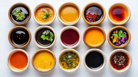 A selection of colorful sauces in small rustic bowls, artfully arranged on a clean white surface, viewed from above, perfect for culinary presentationsの素材