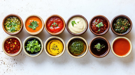 A selection of colorful sauces in small rustic bowls, artfully arranged on a clean white surface, viewed from above, perfect for culinary presentationsの素材
