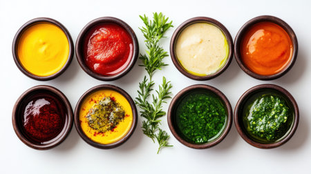 A selection of colorful sauces in small rustic bowls, artfully arranged on a clean white surface, viewed from above, perfect for culinary presentationsの素材