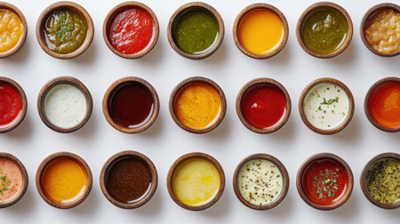 A vibrant array of sauces in rustic bowls, arranged neatly on a white background, showcasing a variety of flavors and textures from a top-down perspective.の素材