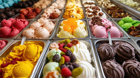 A vibrant gelato display featuring a variety of flavors and colorful toppings, all arranged enticingly, creating a visually appealing and inviting atmosphere.の素材