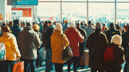 An energetic scene of a crowded airport terminal filled with travelers waiting in line, dressed in warm clothing and carrying bags, illustrating the travel experience.の素材