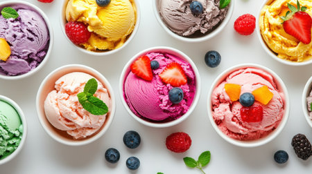 An inviting scene of assorted bowls of colorful ice creams with vibrant fruit garnishes, beautifully presented on a bright white background, enticing viewers to indulge.の素材