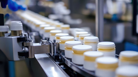 An assembly line in a cosmetic factory, with rows of cream jars being sealed by automated machinery, highlighting efficiency and precision.の素材