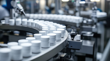 An assembly line in a cosmetic factory, with rows of cream jars being sealed by automated machinery, highlighting efficiency and precision.の素材