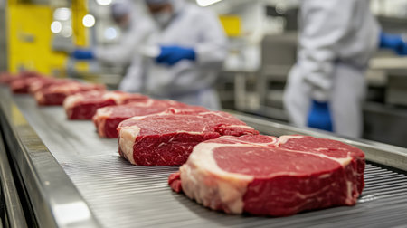 Conveyor belt carrying freshly cut steaks through a meat processing line, workers in the background wearing protective gear, ensuring safety and quality.の素材