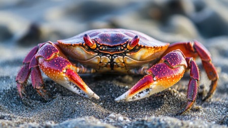 A close-up of a vibrant red crab in its coastal habitat, resting on the sandy beachの素材