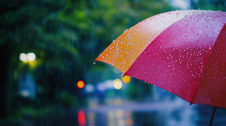 Close-up of a colorful umbrella catching shimmering rain droplets, with blurred rain-soaked trees and streets in the background, emphasizing a rainy day.の素材