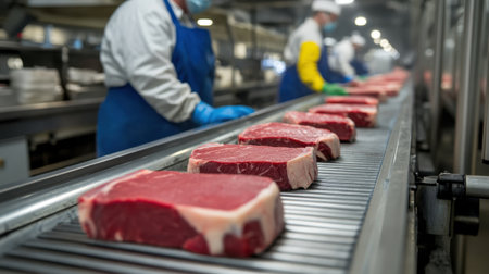 Conveyor belt carrying freshly cut steaks through a meat processing line, workers in the background wearing protective gear, ensuring safety and quality.の素材