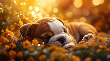 A newborn bulldog puppy takes a nap, surrounded by warmth, in a touching and heartwarming moment.の素材