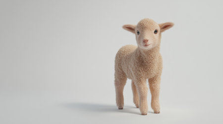 A fluffy light brown lamb standing alone on a white studio background, showcasing its cuteness in a simple and elegant settingの素材