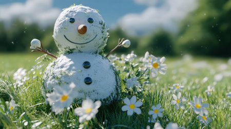 A melting snowman in a grassy meadow with spring flowers blooming around it, symbolizing the transition from winter to spring.の素材