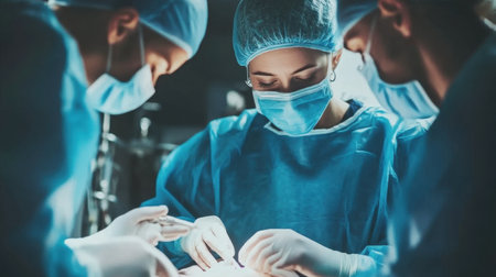 A team of doctors in scrubs works on a plastic surgery procedure in the operating room, showing precision and expertise.の素材