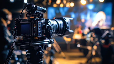 A professional video camera records a TV show interview, with bright lights and a busy studio atmosphere.の素材