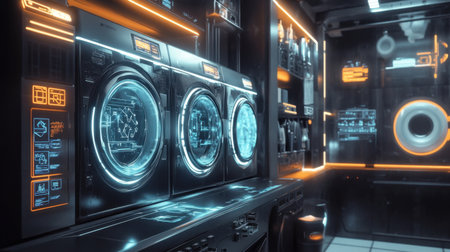 A stylish laundry room with an advanced washing machine, showcasing future technology with glowing lights and a digital interfaceの素材
