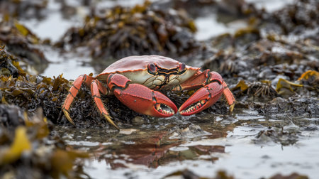 A striking red crab is captured at close range, navigating its coastal environment along the shoreline.の素材