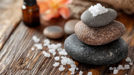 A tranquil spa setup with massage stones, essential oils, and sea salt on a wooden surface, promising a luxurious and rejuvenating wellness experience.の素材