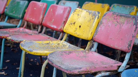 A row of colorful classic plastic chairs with peeling paint, arranged in old-fashioned audience seating, showing signs of wear and nostalgia.の素材