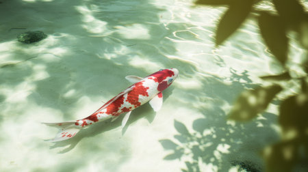 Beautiful red and white koi carp swimming in clear pond water, surrounded by gentle summer reflections, evoking calm and serenity.の素材