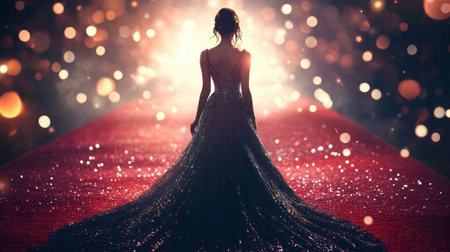 Dressed in a stunning evening gown, a woman strides confidently on the red carpet, the pinnacle of glamour and fame.の素材