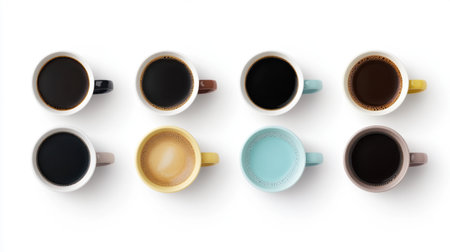 Colorful coffee cups arranged in a top view on a white background, highlighting different brews and cup designs.の素材