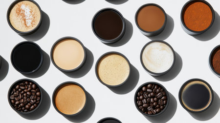 Diverse coffee cups seen from above on a white backdrop, featuring various coffee styles and cup colors in an artistic display.の素材