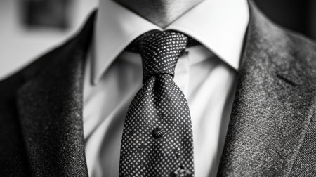 Close-up of a man's collar and tie in black and white, highlighting professional attire with a focus on sharp, formal style.の素材
