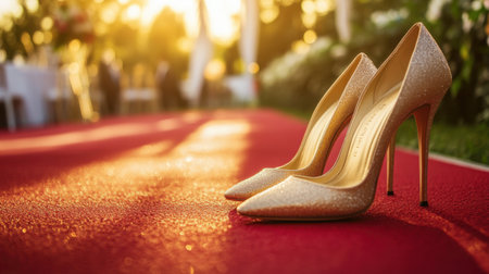 High heels on a red carpet, capturing the essence of luxury and celebration at a wedding or high-end event.の素材