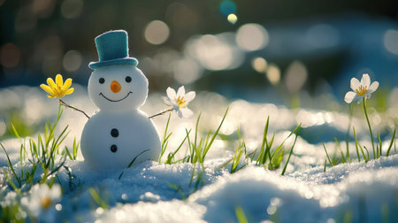 Snowman in a field with grass and flowers emerging through the melting snow, capturing the essence of spring arrival.の素材