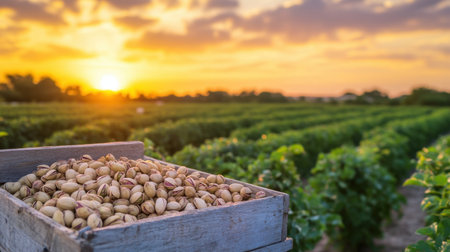 Pistachio harvest in a wooden box at sunset, with a plantation as the backdrop, emphasizing agriculture, health, and organic foodの素材