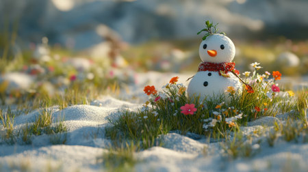 Snowman standing on a meadow with grass and colorful flowers pushing through the melting snow, symbolizing the change of seasons.の素材
