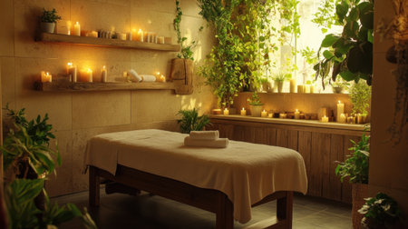 Peaceful massage room with candles, plants, and wooden decor, providing a calming environment for spa treatments and relaxation.の素材