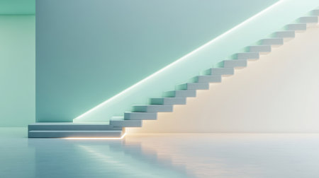 Side view of a minimal modern stairway with white and green tones under soft lighting, showcasing sleek architectural design.の素材