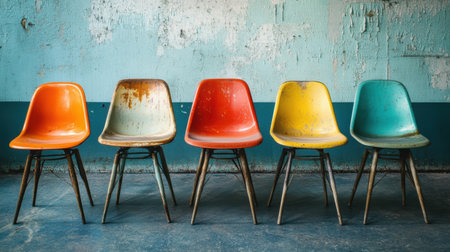 Vintage plastic chairs in a variety of colors, with peeling paint and a worn look, lined up in an old-style seating arrangement.の素材
