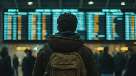 Traveler looks at delayed flights on the departure board in a crowded airport, emphasizing the stress and inconvenience of travel delays.の素材