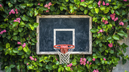 A basketball hoop framed by green leaves and pink blossoms, offering a unique fusion of nature and sport in a floral outdoor scene.の素材