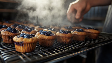A baker removing hot blueberry muffins from the oven, steam rising, capturing the warmth and freshness of homemade baked goods.の素材