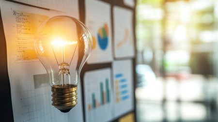 A bright light bulb in focus with a wall of notes and data charts in the background, representing the process of analysis and planning.の素材