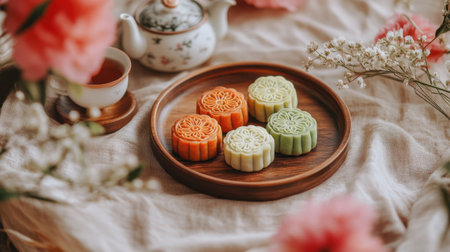 A festive arrangement of snowskin mooncakes on wooden plates with a tea set and florals, celebrating the Chinese Mid-Autumn Festival.の素材