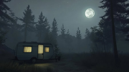 A cozy caravan parked in a quiet forest clearing under a starry sky, capturing the beauty of a night in nature.の素材
