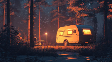 A caravan sits in a forest under a star-filled sky, illuminated by the soft glow of stars in a peaceful nighttime scene.の素材