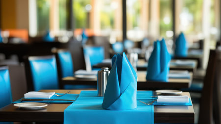 A close-up shot of a dining set with a blue theme, featuring elegant tableware and napkins, creating a classy restaurant vibe.の素材