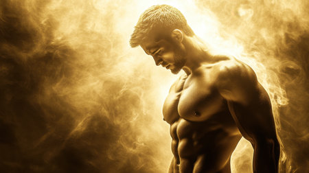 A muscular man highlighted by light shining on his abs in a smoky, dark setting, perfect for a bold sports website banner with copy space. -の素材