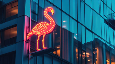 A vibrant neon flamingo sign glows in front of a modern building, creating a bold contrast between bright lights and urban architecture.の素材