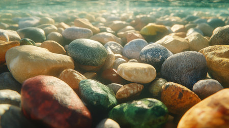 A stunning collection of colorful pebbles underwater, seen from above, creating a peaceful, natural texture.の素材