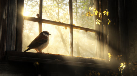 A sparrow bird sitting on a house window, with sunlight illuminating the scene, bringing a sense of calm and simplicity.の素材